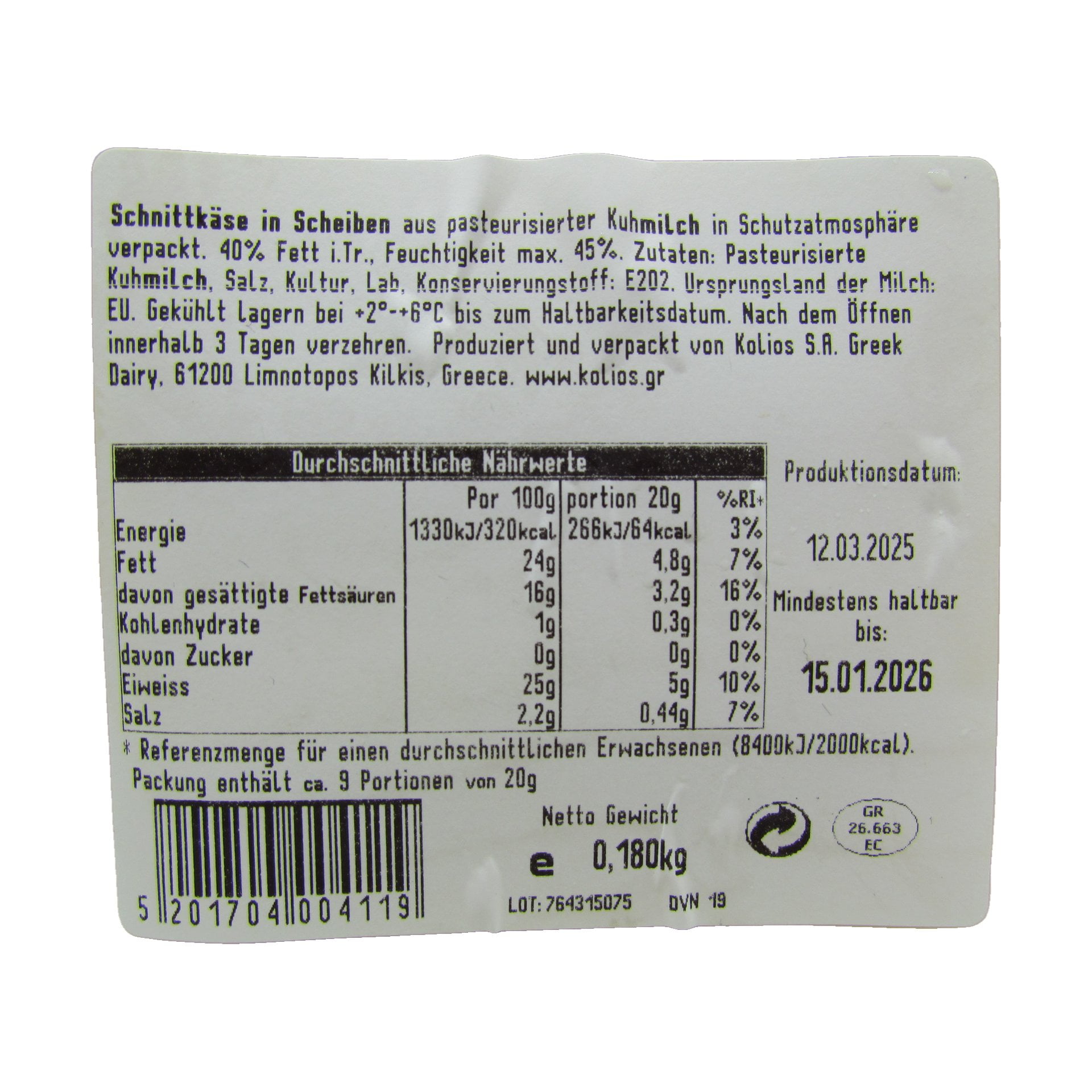 Kolios Schnittkäse (Scheiben) 180 g
