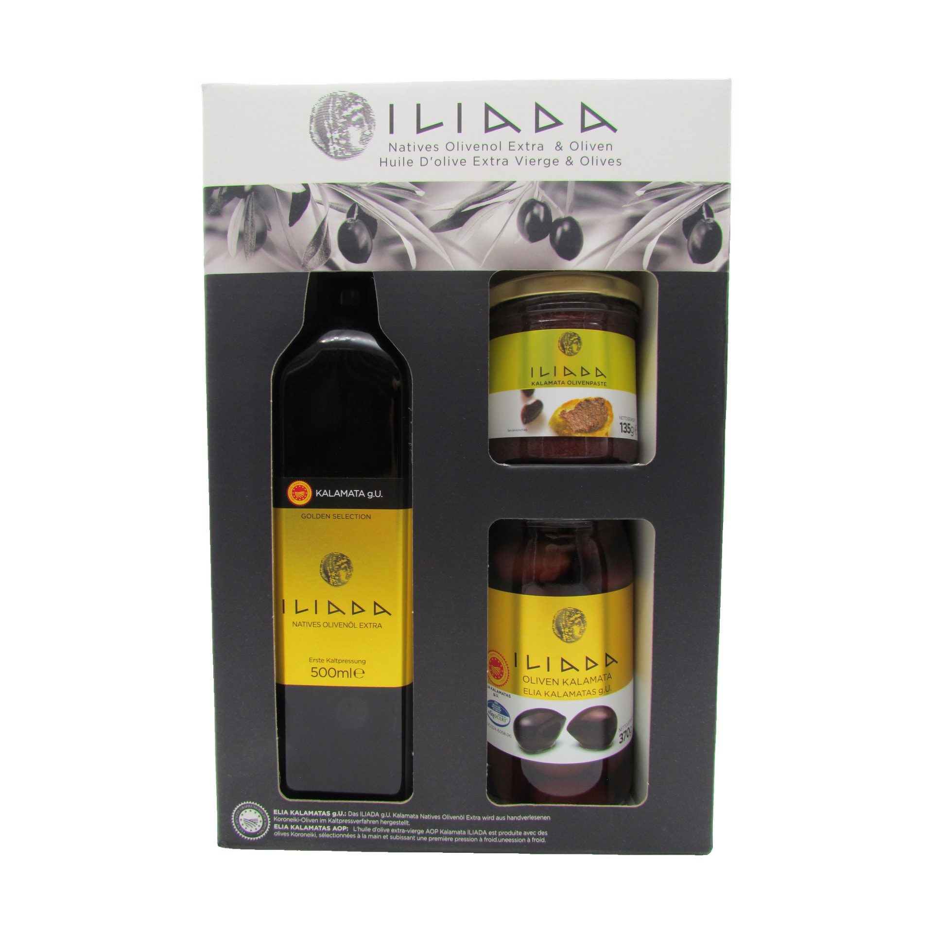 Iliada Geschenkbox PDO ( Olivenöl 500 ml / Oliven schwarz 370 g / Olivenpaste 135 g ) 3er Set